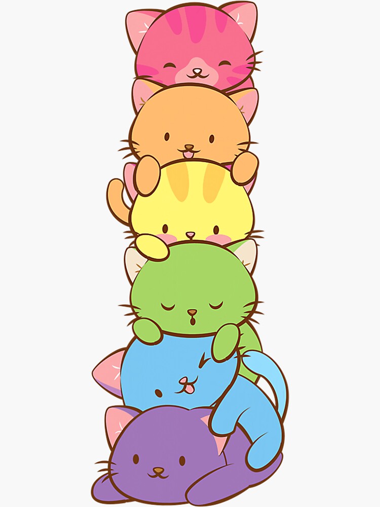 Cute Lgbt Rainbow Gay Pride Flag Kawaii Cat Pile Anime Art Sticker