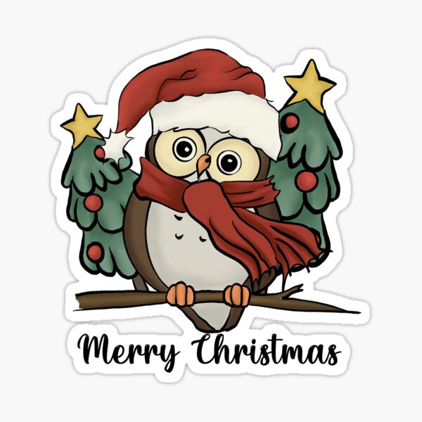 Owl With Santa Hat On Branch With Christmas Trees Stars Sticker For