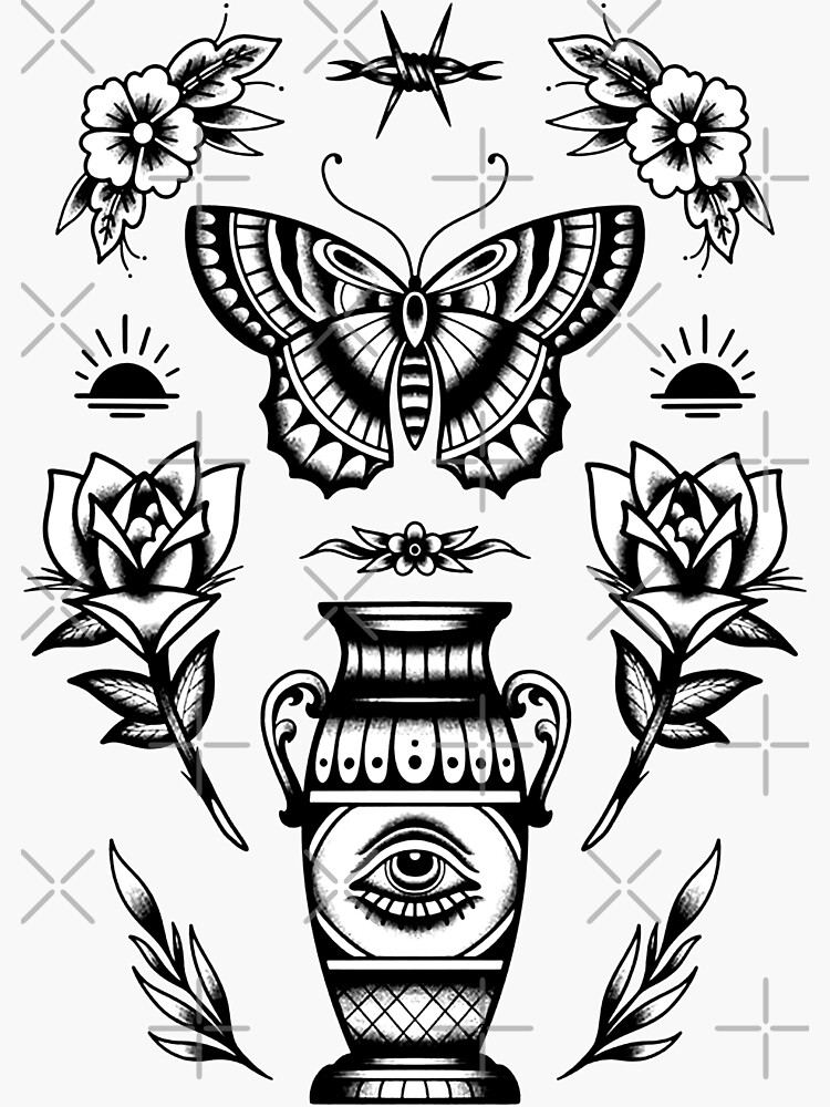 Pack Of Black And White Flower And Butterfly Sticker For Sale By