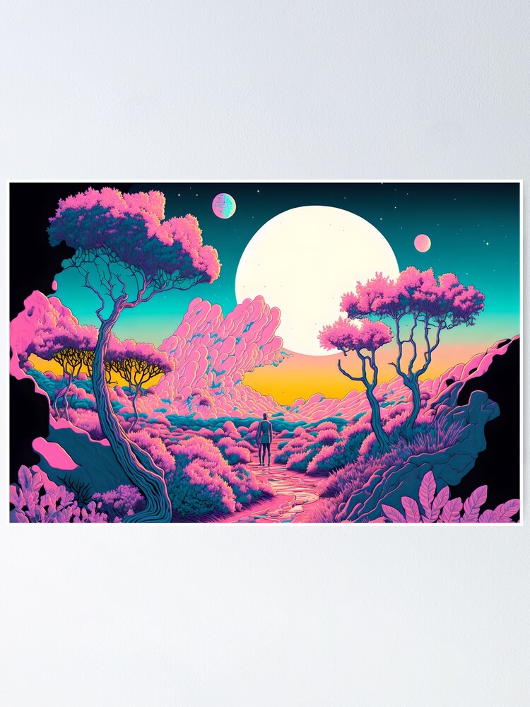 Pink Hippy Style Trippy World Landscape Psychedelic Retro Vibrant