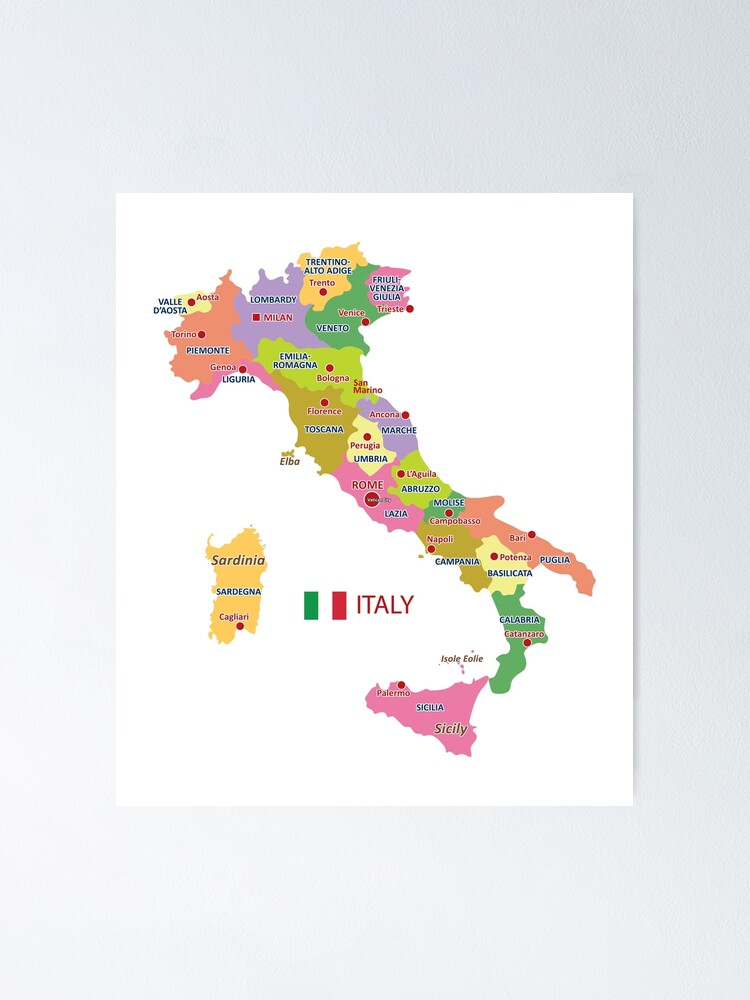 Italy Map With Regions And Main Cities Poster For Sale By Alijun