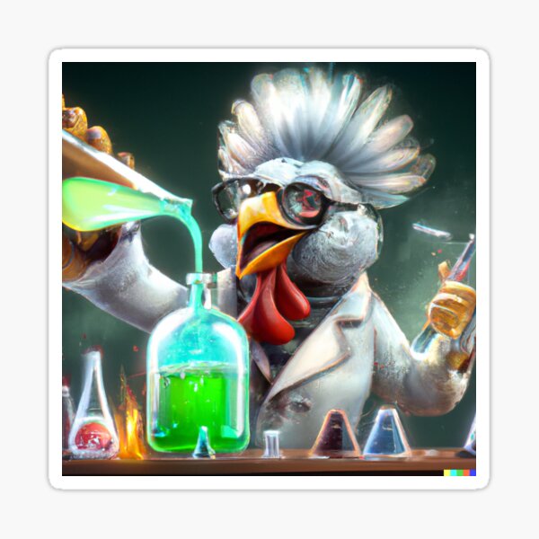 Chicken Scientist Mixing Sparkling Chemicals Digital Art Sticker For