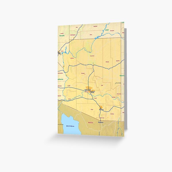 Arizona Map With Cities Boroughs Counties Rivers Roads Greeting Card