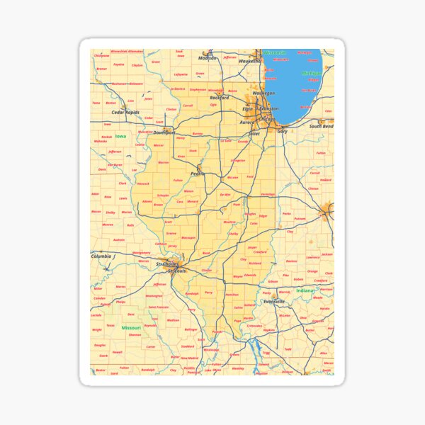 Illinois Map With Cities Boroughs Counties Rivers Roads Sticker For