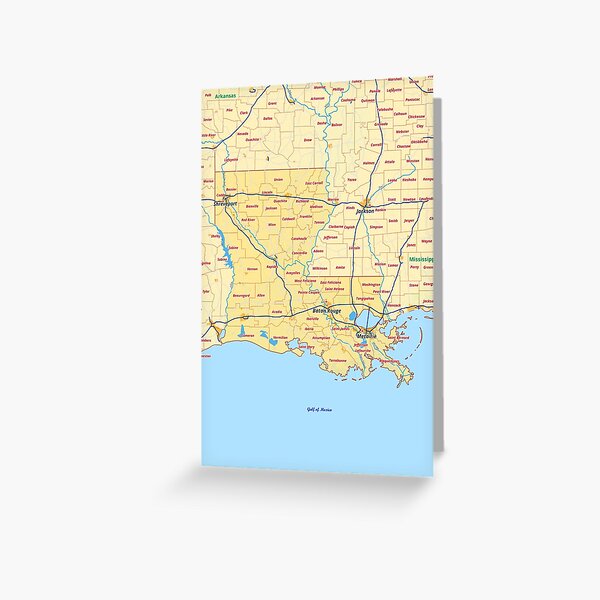 Louisiana Map With Cities Boroughs Counties Rivers Streets Greeting