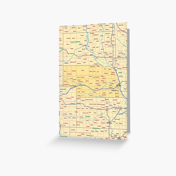 Nebraska Map With Cities Boroughs Counties Rivers Roads Greeting Card