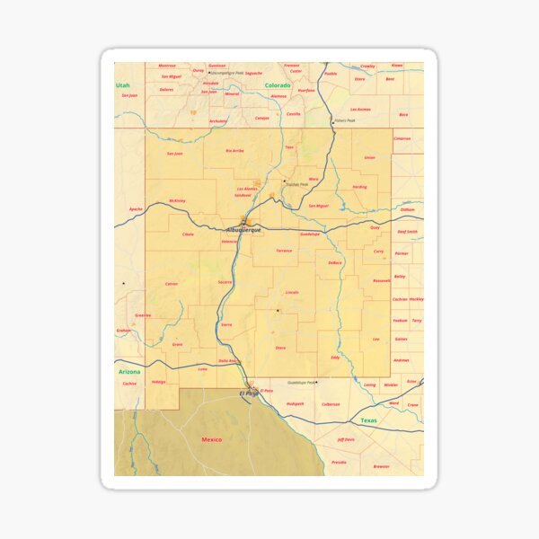 New Mexico Map With Cities Boroughs Counties Rivers Roads Sticker For