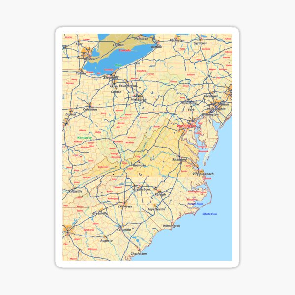 Virginia Map With Cities Boroughs Counties Rivers Roads Sticker For