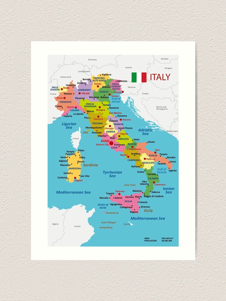 Italy Map With Regions And Main Cities Art Print For Sale By Alijun