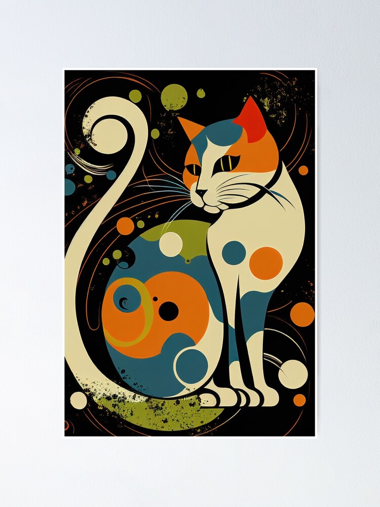 Mid Century Calico Cat Abstract Art Print Painting Wall Decor Poster