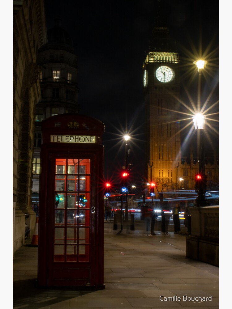 A Red Phone Booth At Night With Elizabeth Tower Sticker For Sale By