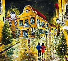 Night street - palette knife painting by Rybakow by valery rybakow