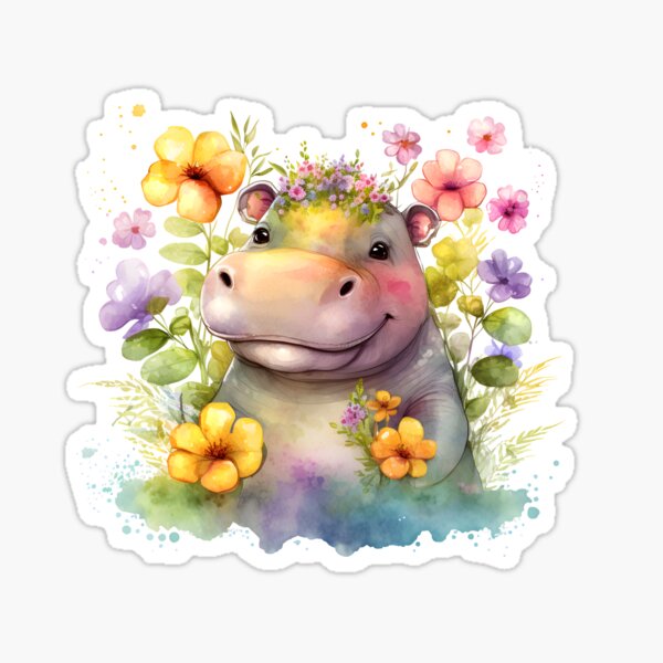 Watercolor Floral Cute Hippo Sticker For Sale By EmeraldeaArt Redbubble