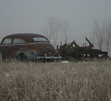 Old cars in a field of frost in winter by PhotoCrazy6