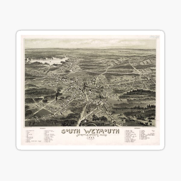 Vintage Pictorial Map Of South Weymouth MA 1885 Sticker For Sale By