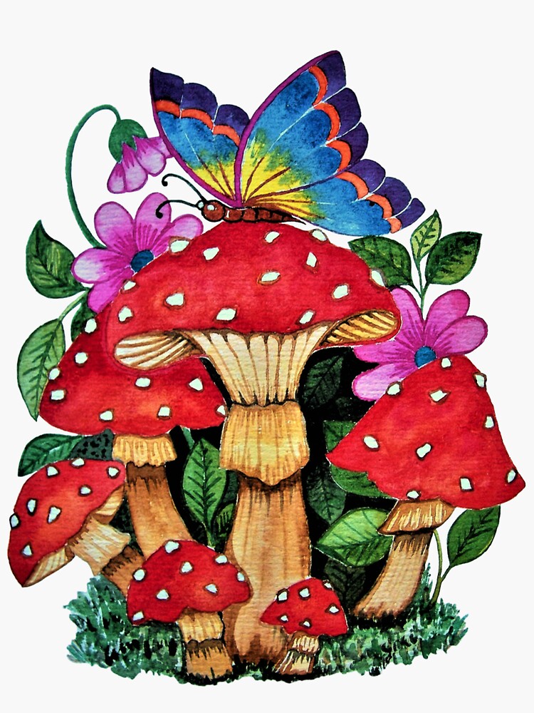 Mushrooms And Butterfly Art Sticker For Sale By Oirabot Redbubble