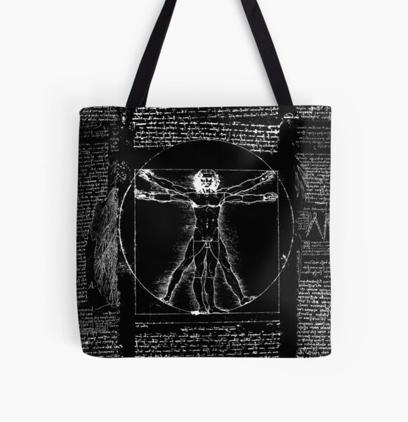 Vitruvian Man Leonardo Da Vinci Handwriting Black White Drawing Tote