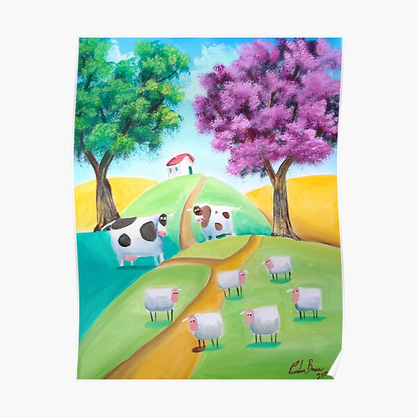 CUTE COWS SHEEP FOLK PAINTING Poster By Gordonbruce Redbubble