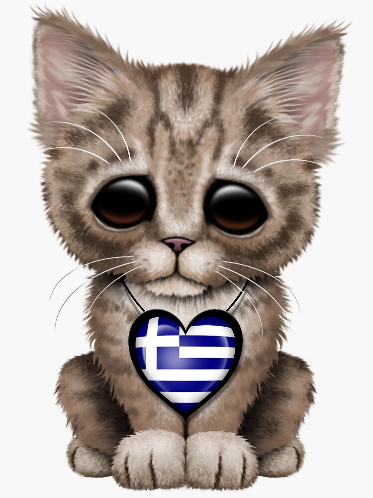 Cute Kitten Cat With Greek Flag Heart Sticker For Sale By JeffBartels