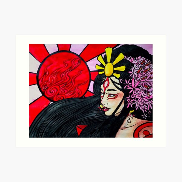 Okami Amaterasu Fan Art Human Sun Rising Black Hair Art Print For