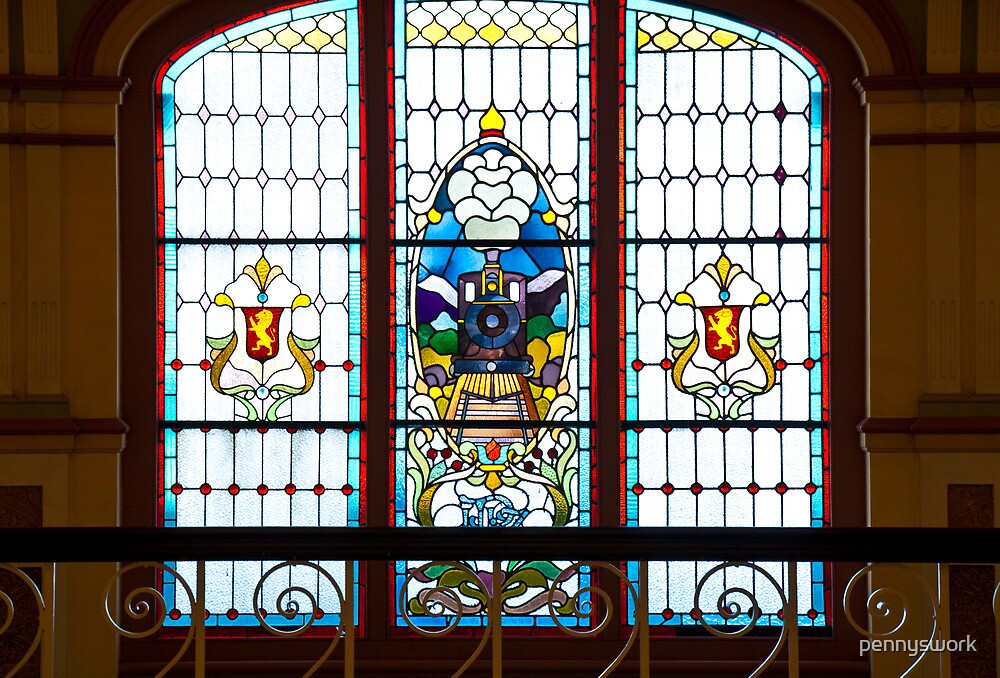 "Stained Glass Window at Dunedin Railway Station" by pennyswork Redbubble