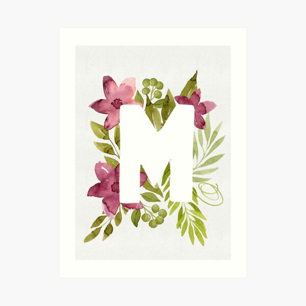 Letter M In Watercolor Flowers And Leaves Floral Monogram Art Print