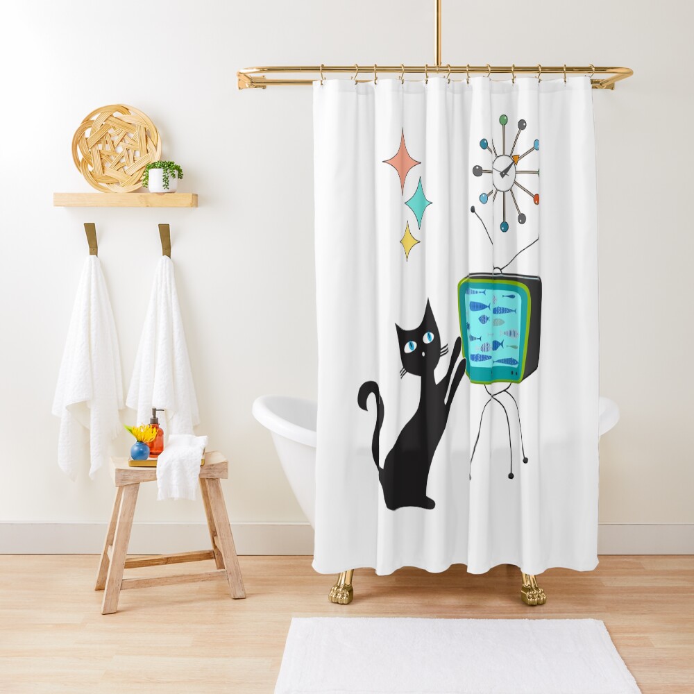 Mid Century Modern Retro Atomic Funny Cat With Fish Tv Shower Curtain