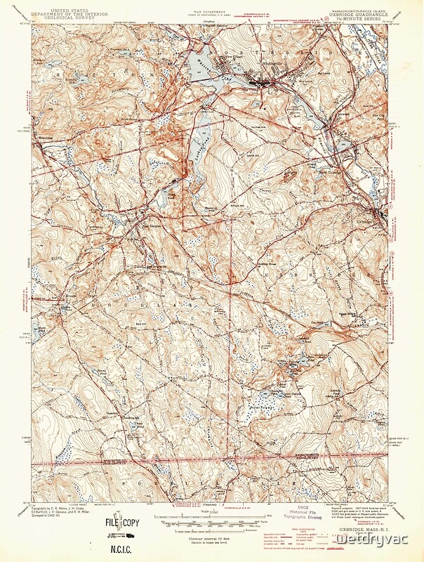 "Massachusetts USGS Historical Topo Map MA Uxbridge 352277 1944 31680" Posters by wetdryvac