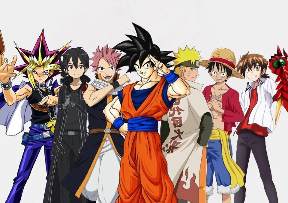 "Goku Naruto Luffy issei natsu Kirito Yugi" by Arrow101127 