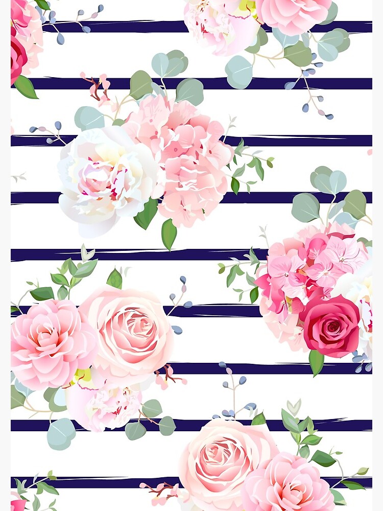 Pink Floral Roses Blue Stripes Pattern Spiral Notebook For Sale By