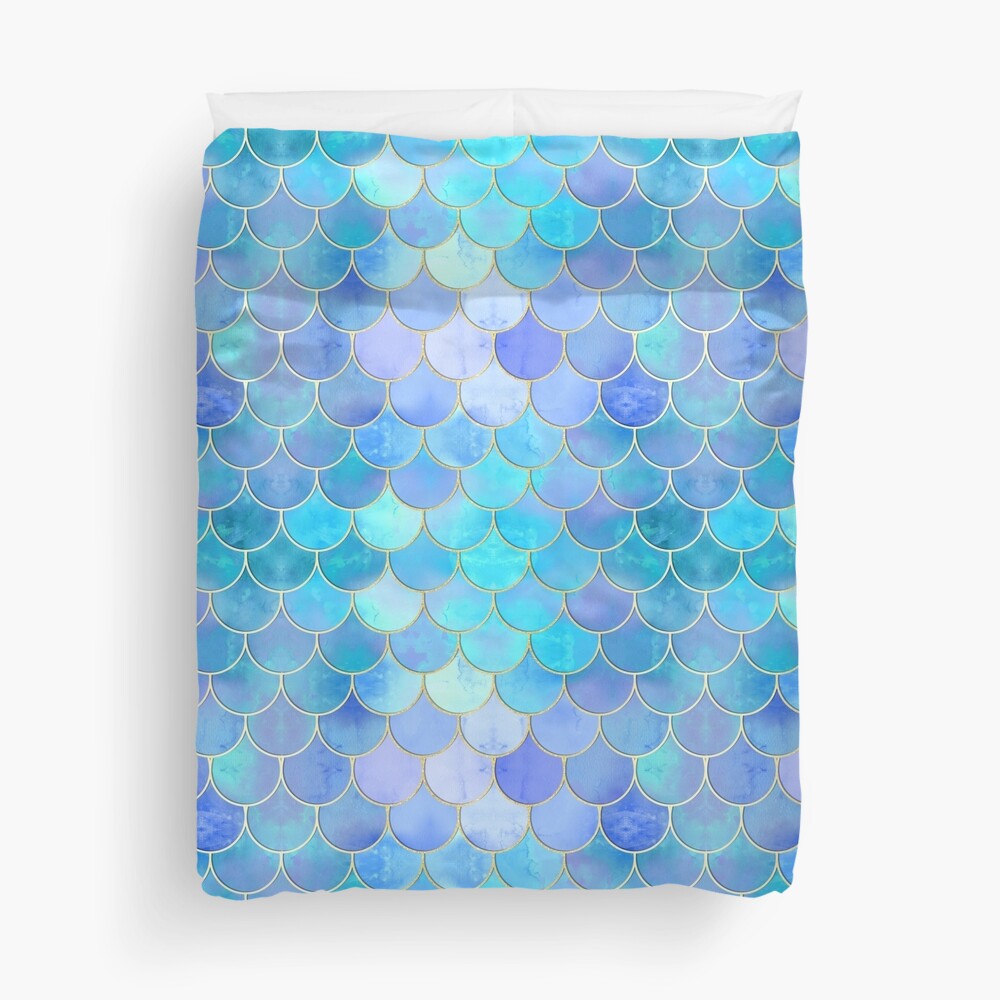 Aqua Pearlescent Gold Mermaid Scale Pattern Duvet Cover For Sale By