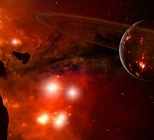 A young ringed planet with glowing lava and asteroids. by StocktrekImages