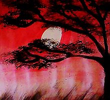 Moon shining thru the tree, watercolor by Anna Lewis