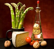 Still Life With Asparagus, Cheese And Olive Oil by Corina Daniela Obertas