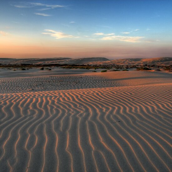 beach sand dunes. Sunset at Birubi Beach Sand