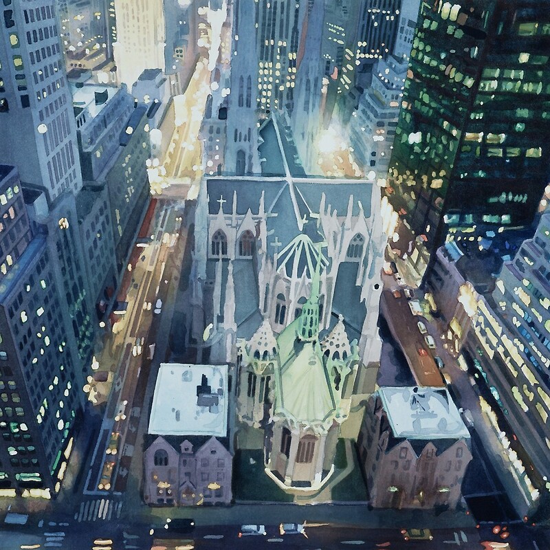 "New York Nightlights" Watercolor by Paul Jackson