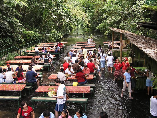 مطعم تدخله و انت حافي القدمين    Work.3541615.2.flat,550x550,075,f.restaurant-in-the-river-below-a-waterfall-villa-escudero-san-pablo-city-philippines