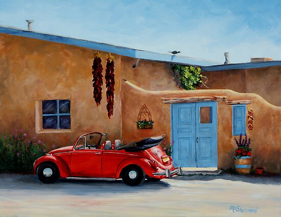 Volkswagen Beetle Convertible Red. "Cool Ride" -Classic convertible red VW beetle ready for a ride. “Cool RIde” is an 11×14” oil painting inspired by a view in Taos, New Mexico.