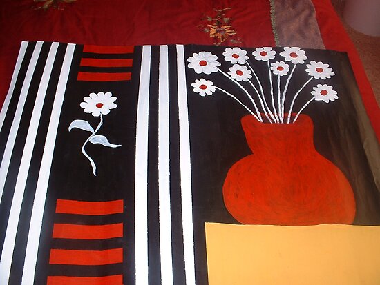 black and white flowers with color. White flowers on Black and Red