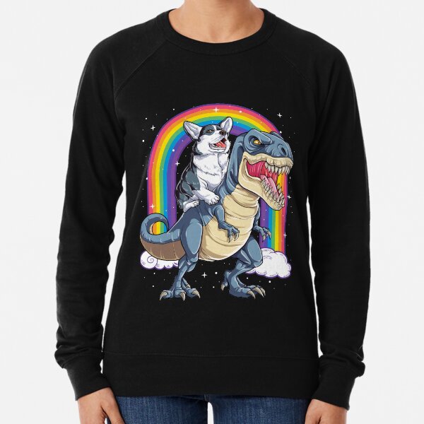 Corgi Riding Dinosaur T rex Shirt Funny Rainbow Dog Lightweight Sweatshirt