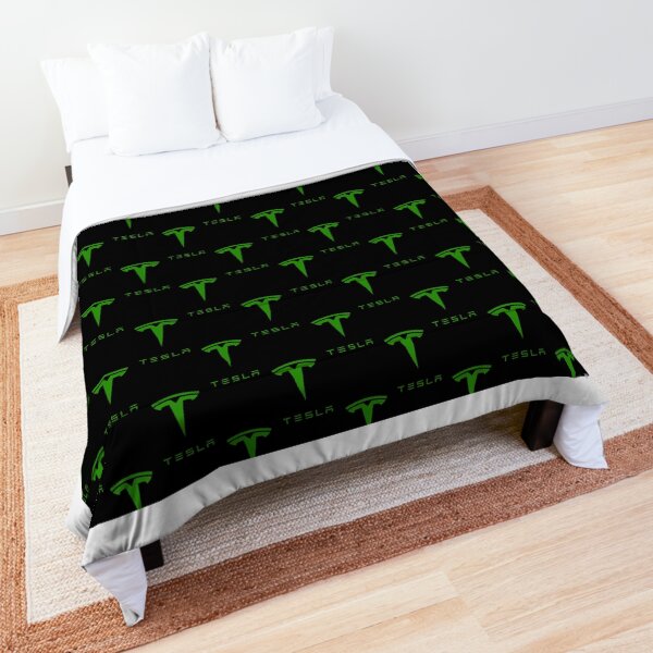 Tesla Logo (Repeating, Green on Black) Comforter
