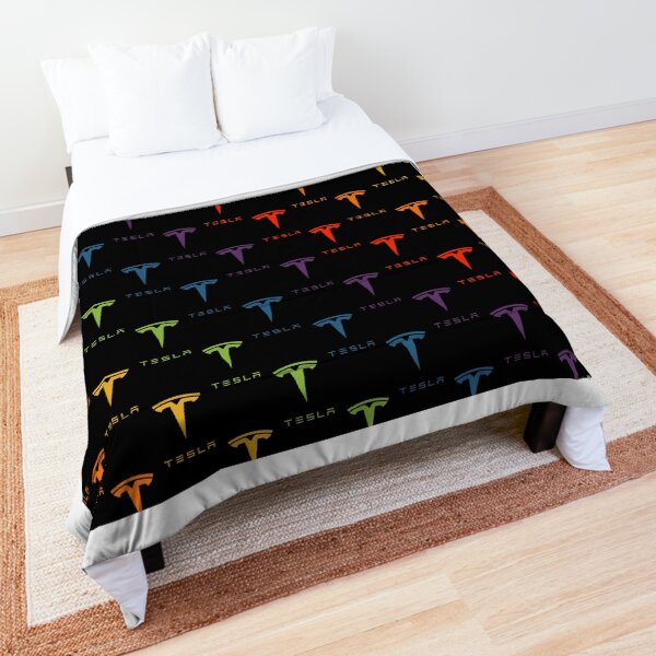 Tesla Logo (Repeating, Rainbow on Black) Comforter