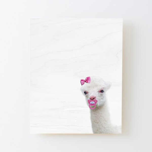 Baby Alpaca or Llama with pink pacifier Wood Mounted Print