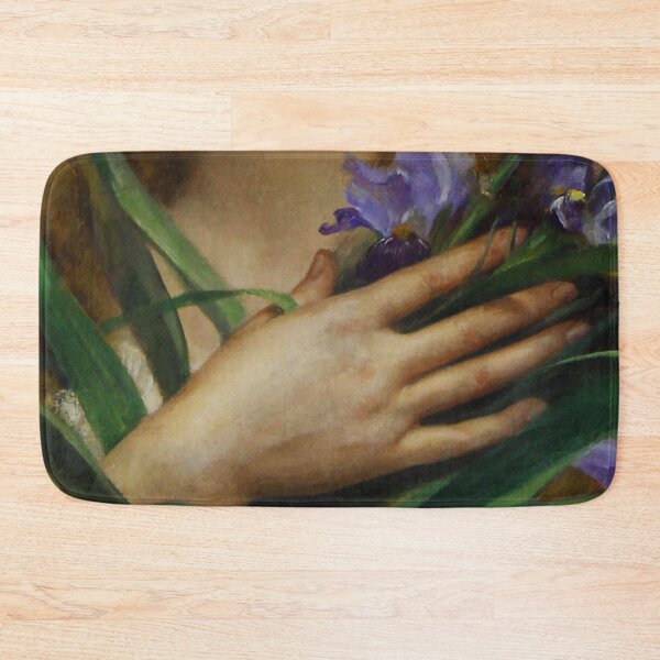 Item preview, Woman Holding Iris flowers, French Pre-Raphaelite painting designed and sold by Glimmersmith.