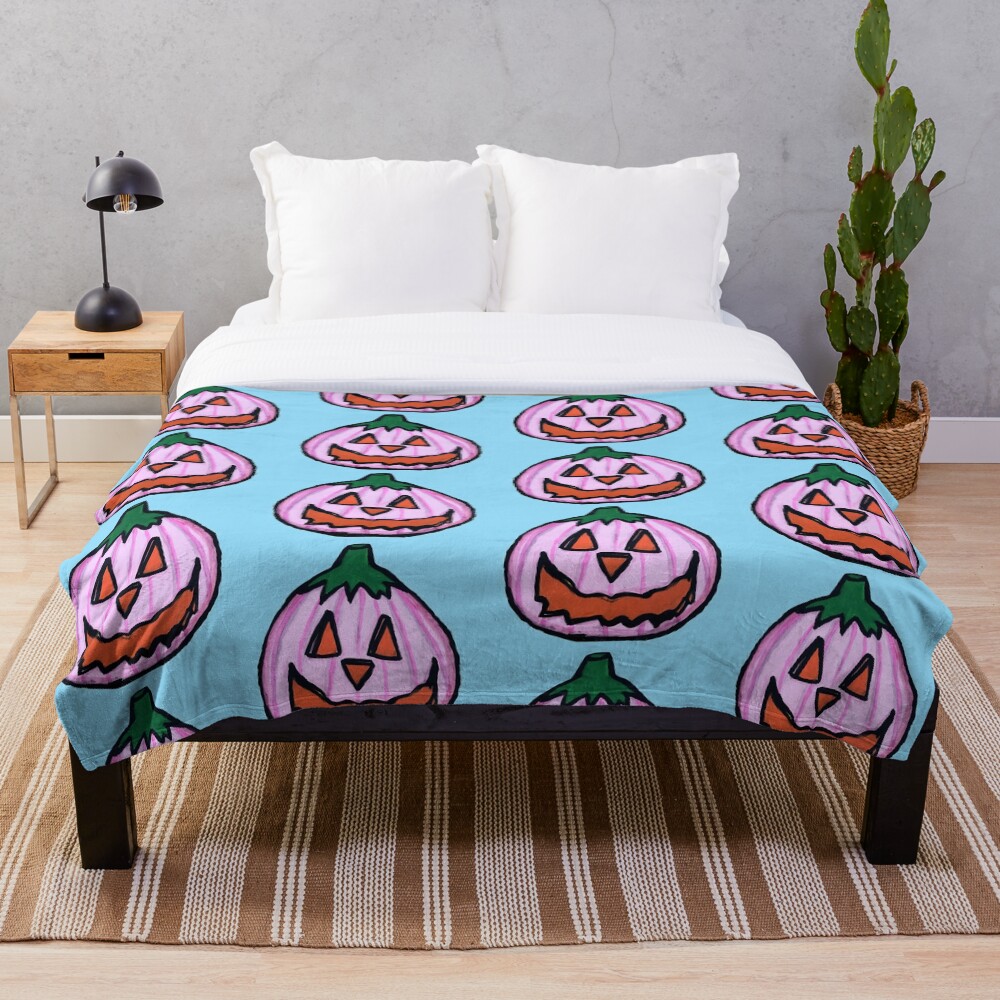 "Pastel Pink Pumpkin on Field of Blue" Throw Blanket by BleedStainArt
