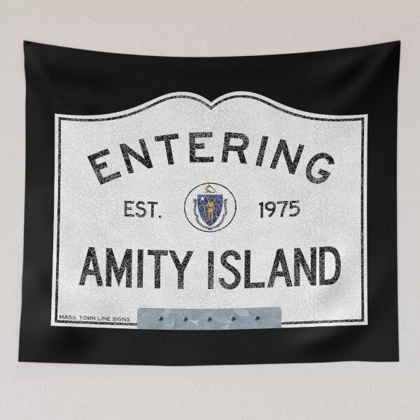 Item preview, Entering Amity Island, Massachusetts Town Line Sign, with Bracket, Distressed Crackled to Silver Color Paint Appearance designed and sold by TownLineSigns.