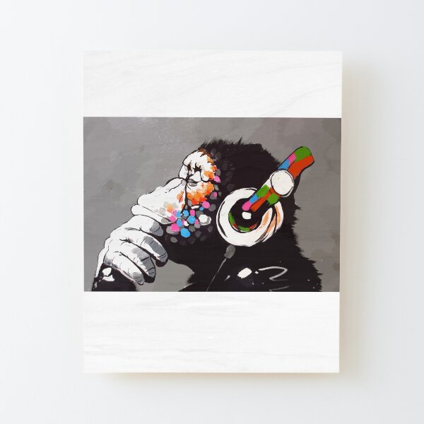 Banksy DJ Monkey Thinker with Headphones Wood Mounted Print