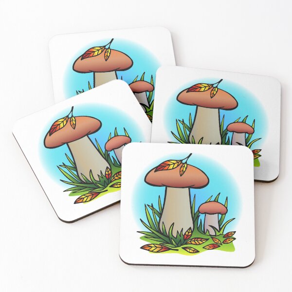 Item preview, White mushrooms in the grass with autumn orange leaves. designed and sold by DisaAnna.