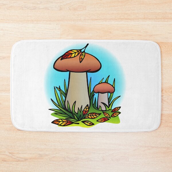 Item preview, White mushrooms in the grass with autumn orange leaves. designed and sold by DisaAnna.