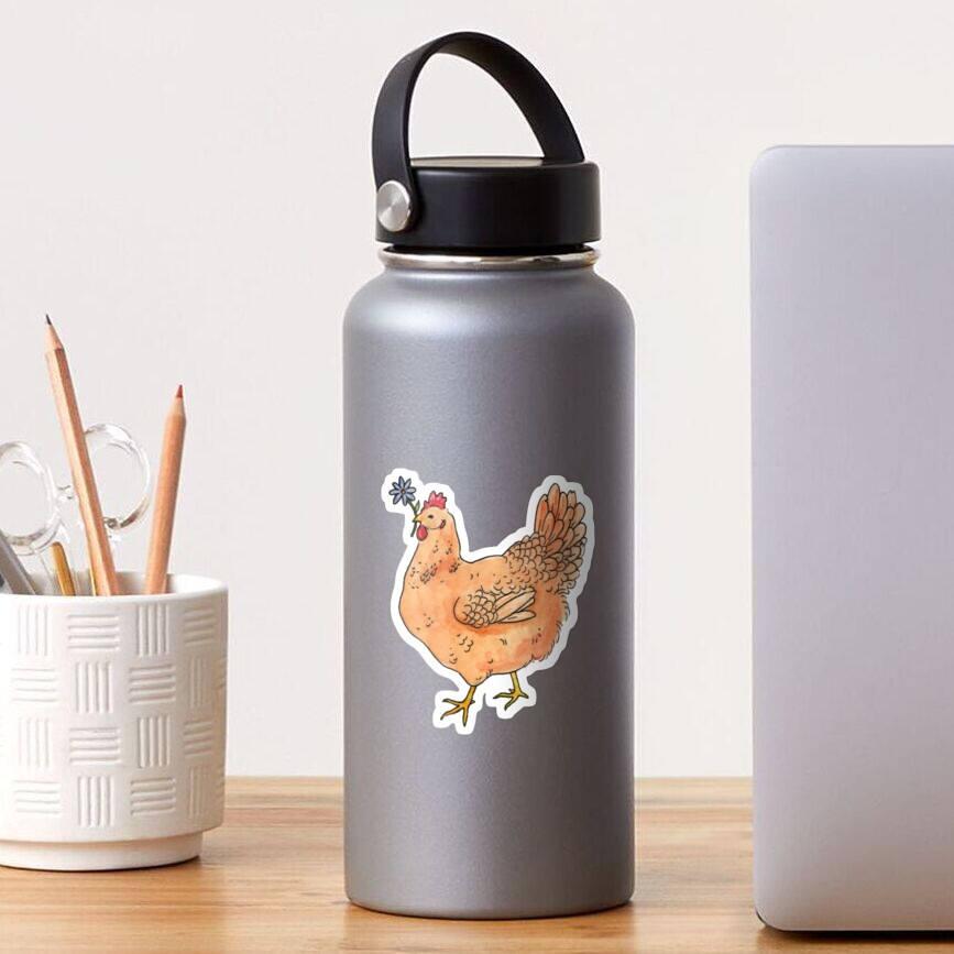 Chicken with Flower Watercolor Illustration Sticker